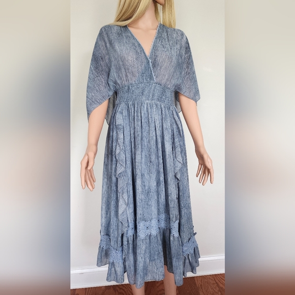 BLUE DRESS MOON RIVER RUFFLES V-NECK OPEN SLEEVES CINCHED WAIST MIDI FULL SKIRT - Picture 10 of 16